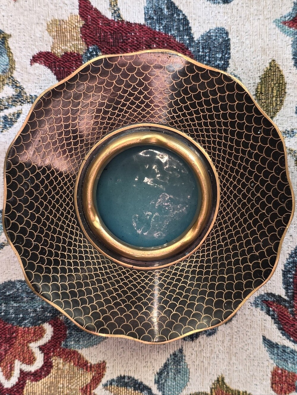 Vintage Chinese Cloisonne Ashtray Black Fish Scale Turquoise Enamel 6.25" PRC